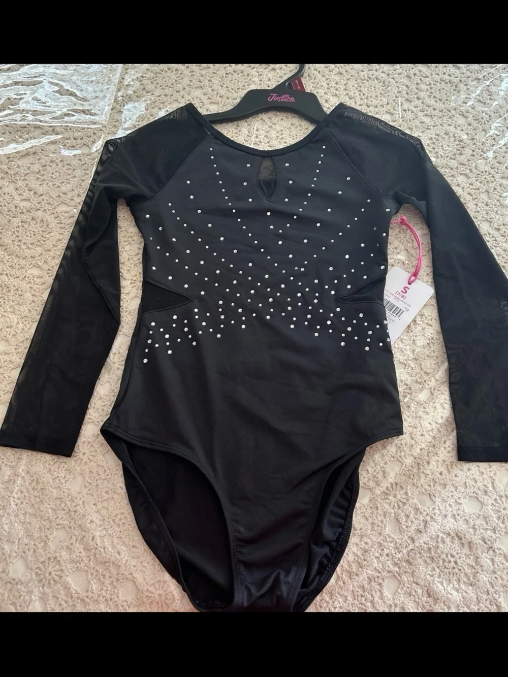 Justice Black Long-Sleeve One-Piece Leotard with Rhinestone Accents